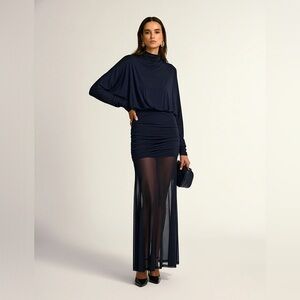 Commense Turtleneck Long Sleeve Drape Ruched Mesh Dress